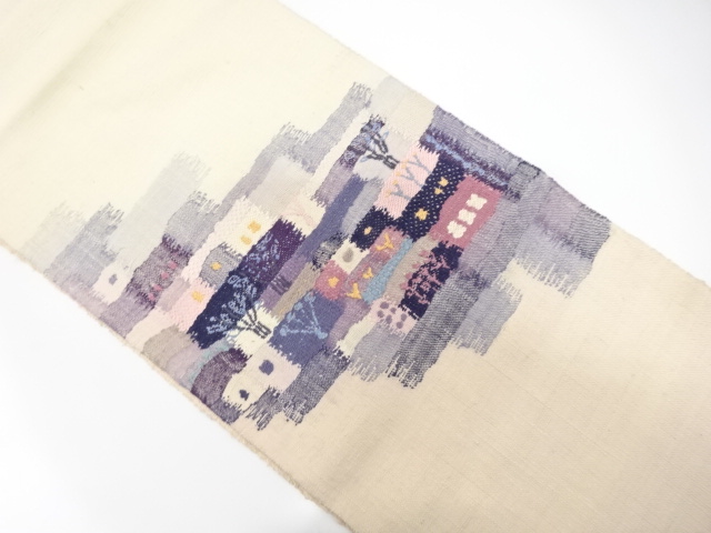 手織り真綿紬　枡に草花模様織り出し　名古屋帯